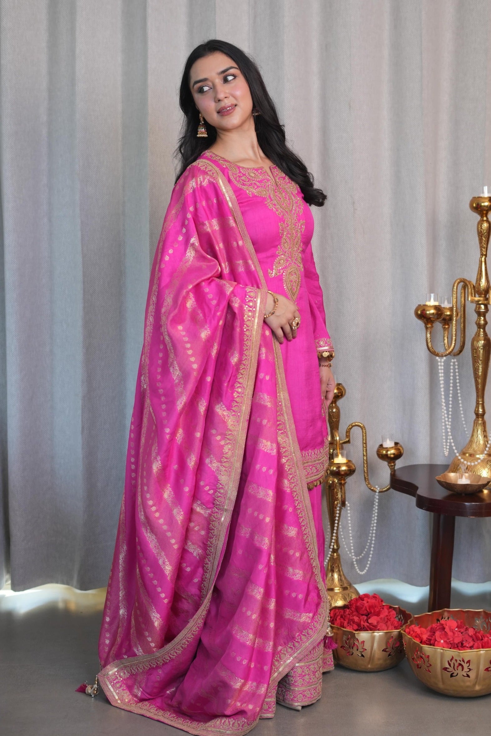 The Festive Bloom - Embroidered Rani Pink Sharara Suit by Aliyana