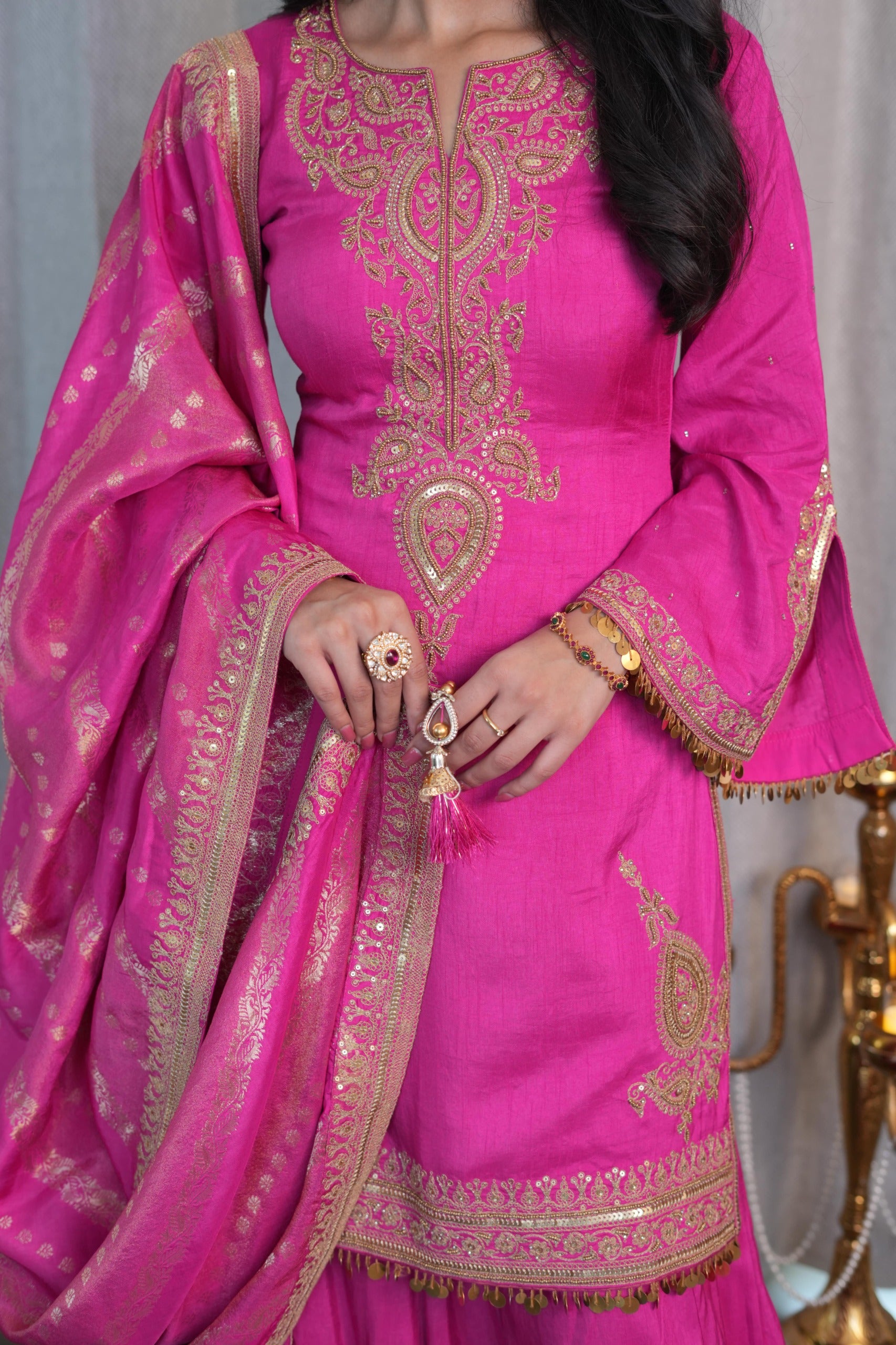 The Festive Bloom - Embroidered Rani Pink Sharara Suit by Aliyana