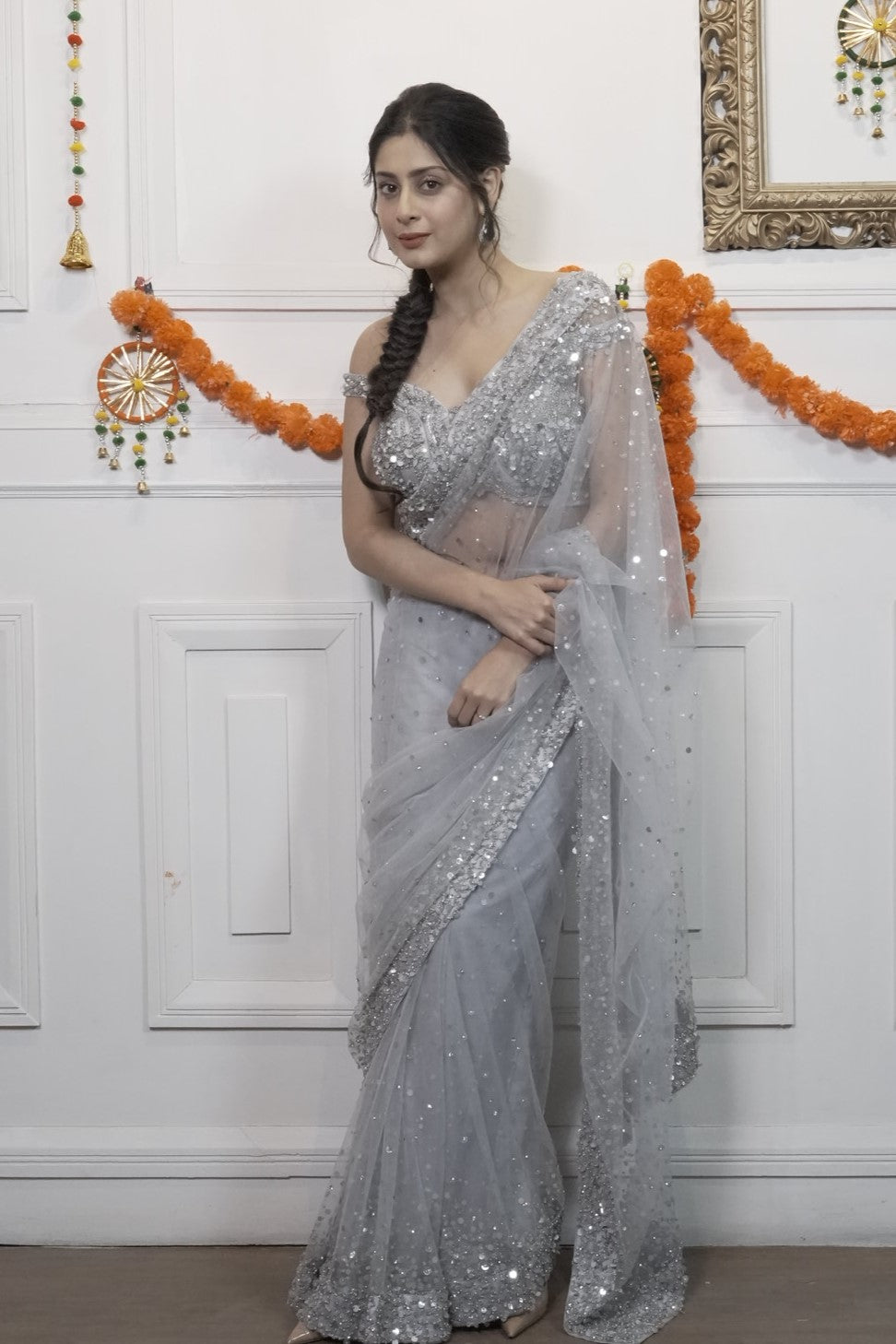 Stunning Silver Net Saree with Detailing - Isha Malviya's Choice