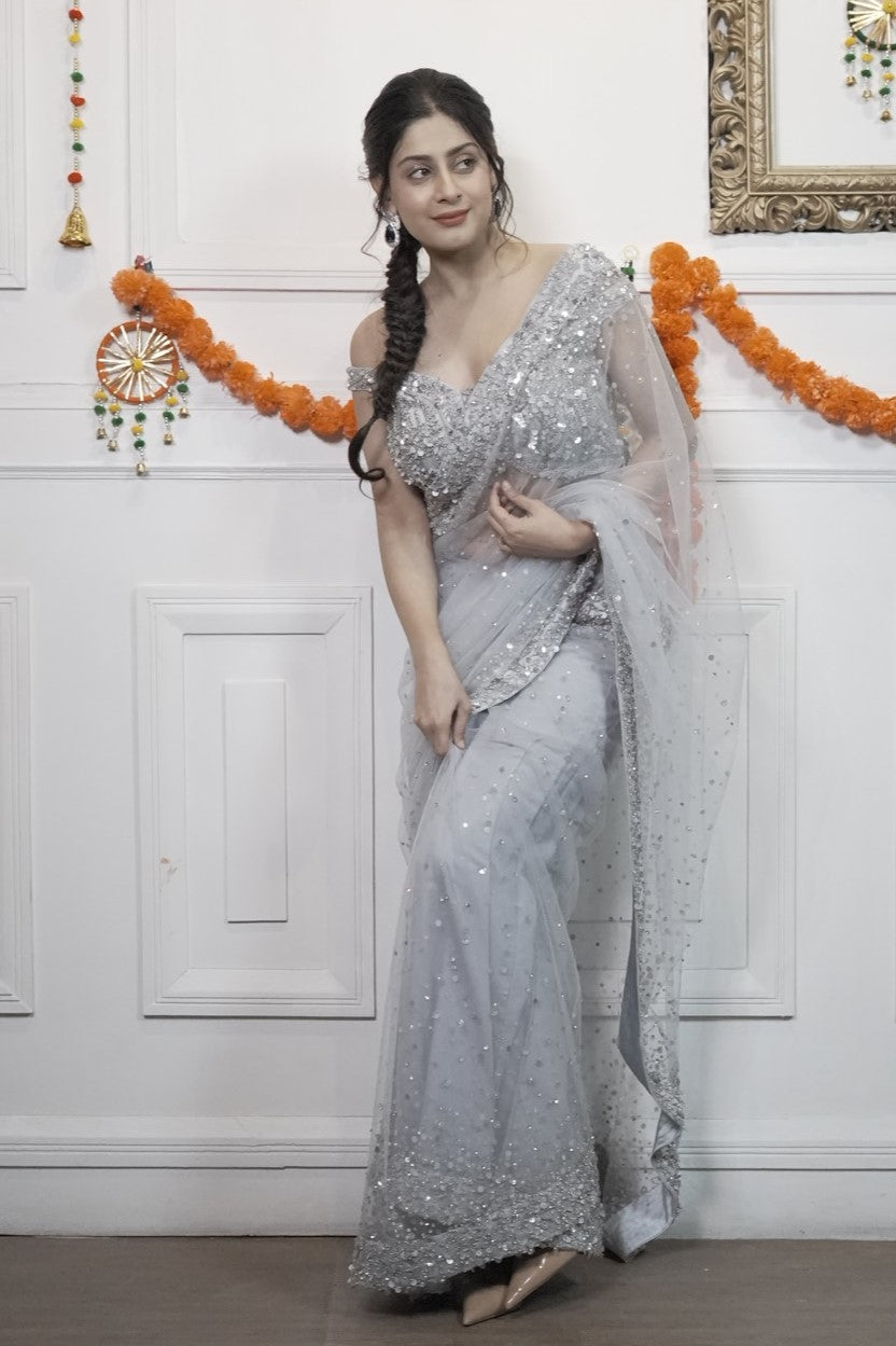 Stunning Silver Net Saree with Detailing - Isha Malviya's Choice