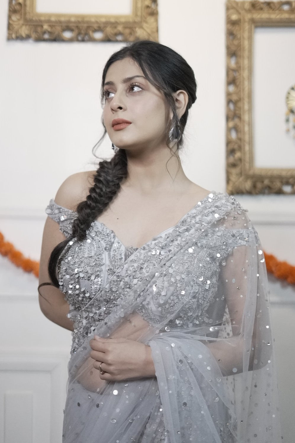 Stunning Silver Net Saree with Detailing - Isha Malviya's Choice