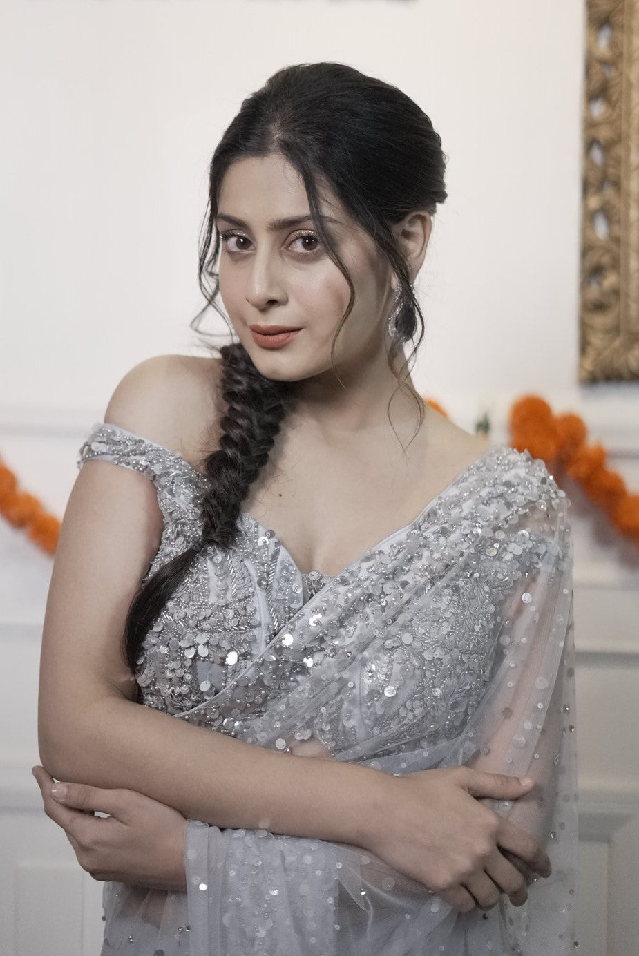 Stunning Silver Net Saree with Detailing - Isha Malviya's Choice