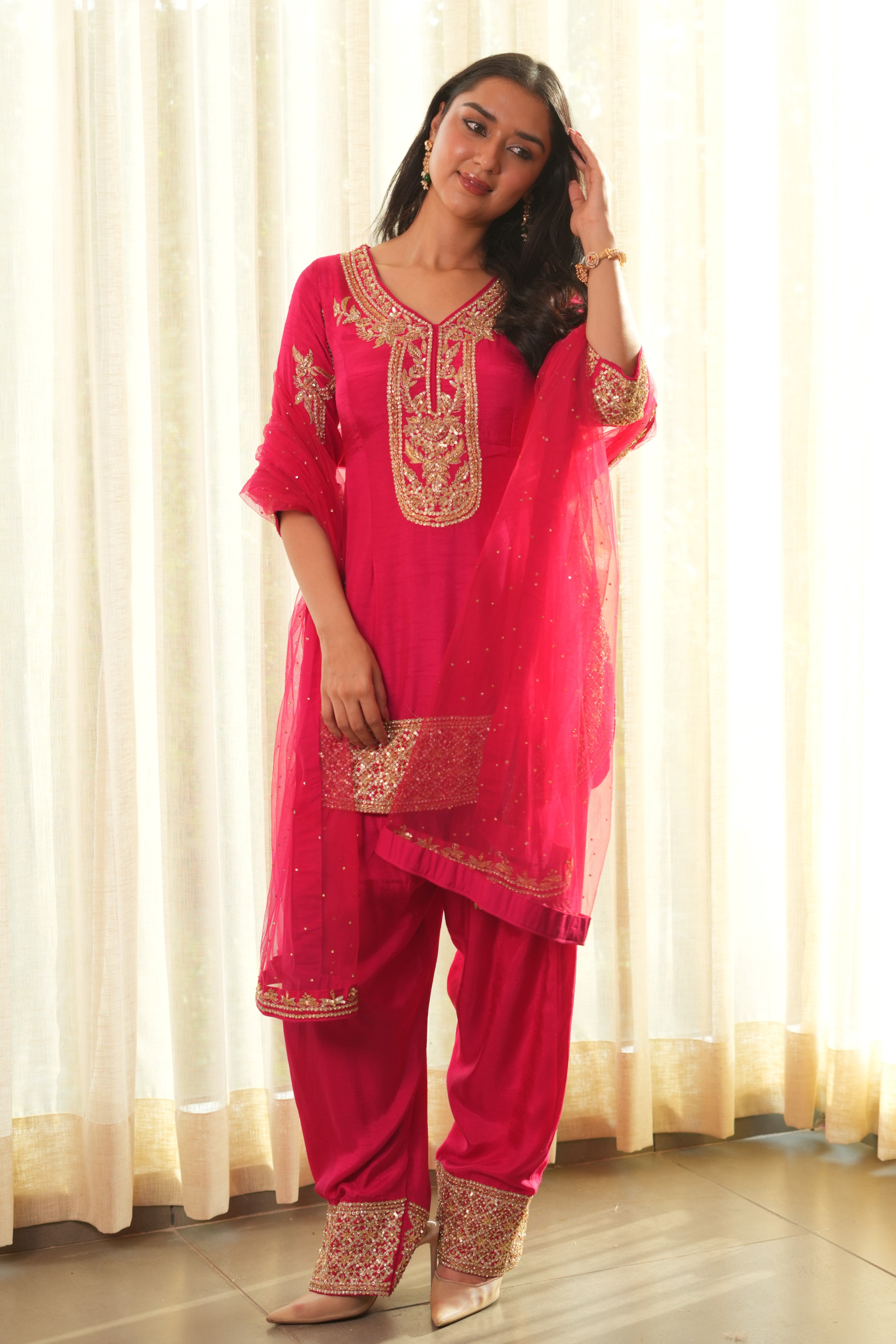 Rose Glow: Embroidered Rani Pink Silk Suit with Golden Charm