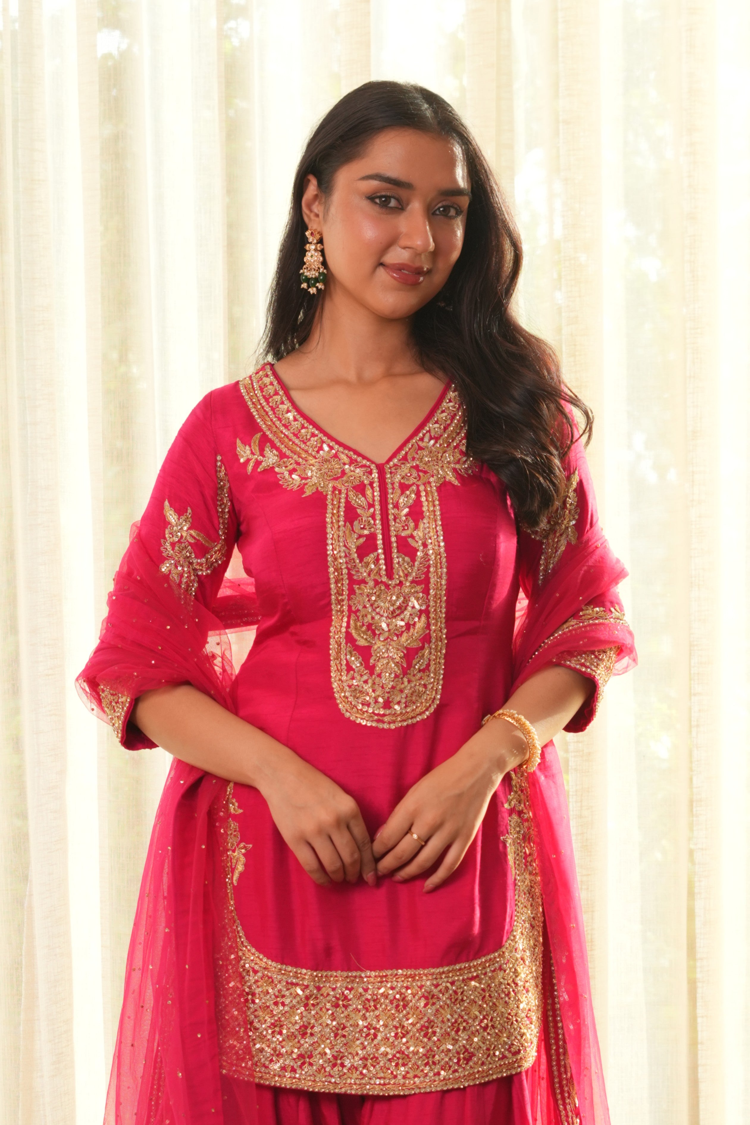 Rose Glow: Embroidered Rani Pink Silk Suit with Golden Charm