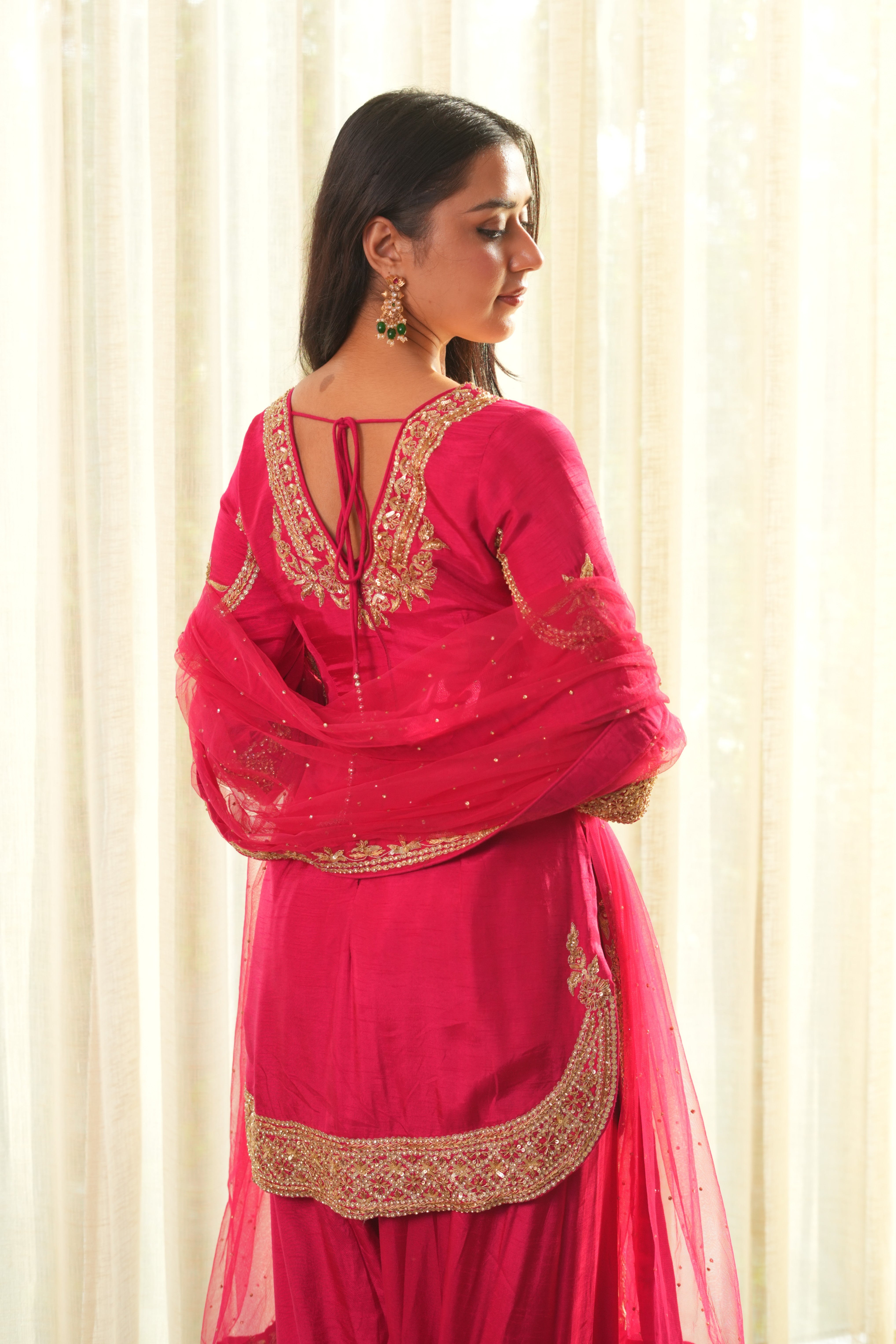 Rose Glow: Embroidered Rani Pink Silk Suit with Golden Charm