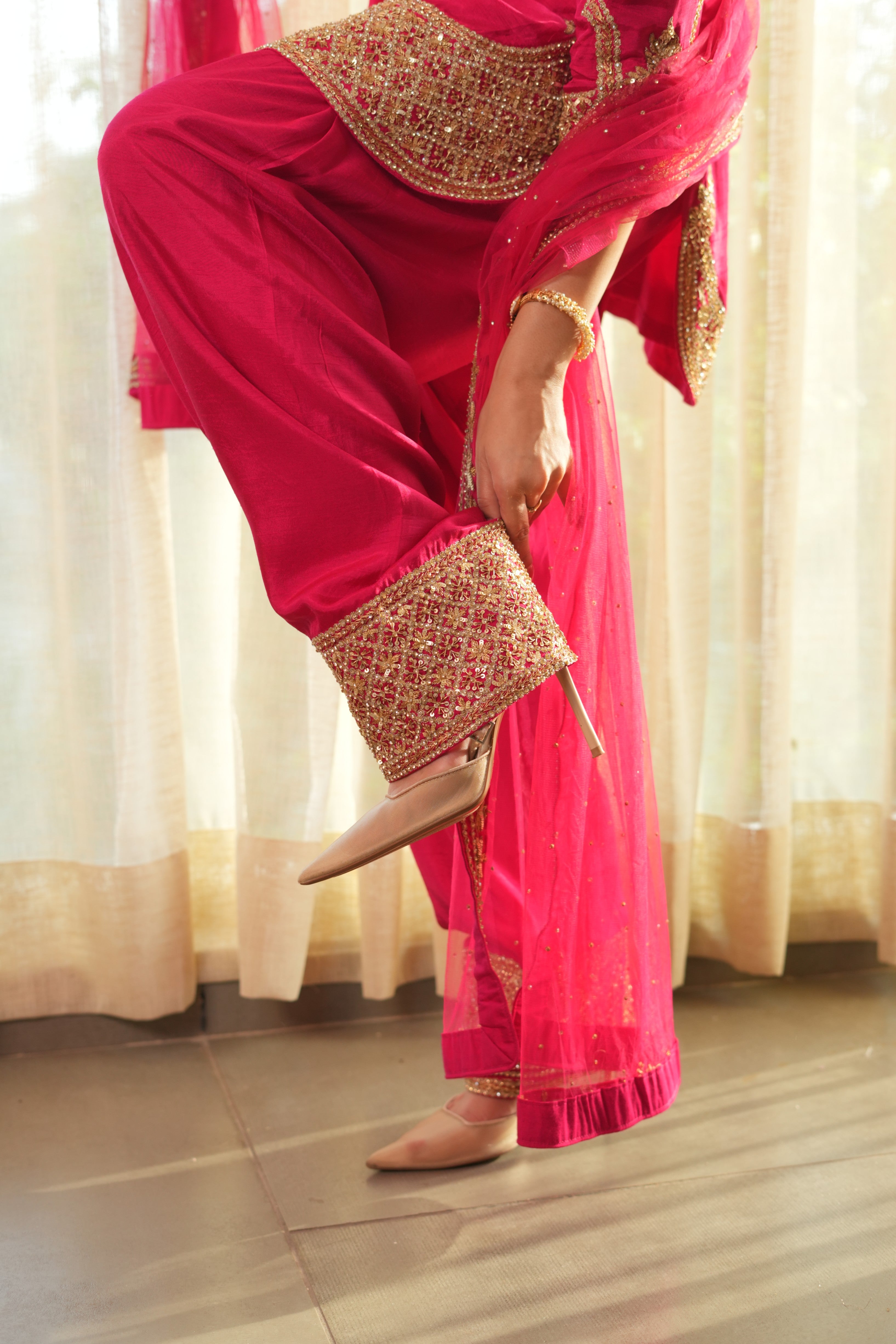 Rose Glow: Embroidered Rani Pink Silk Suit with Golden Charm