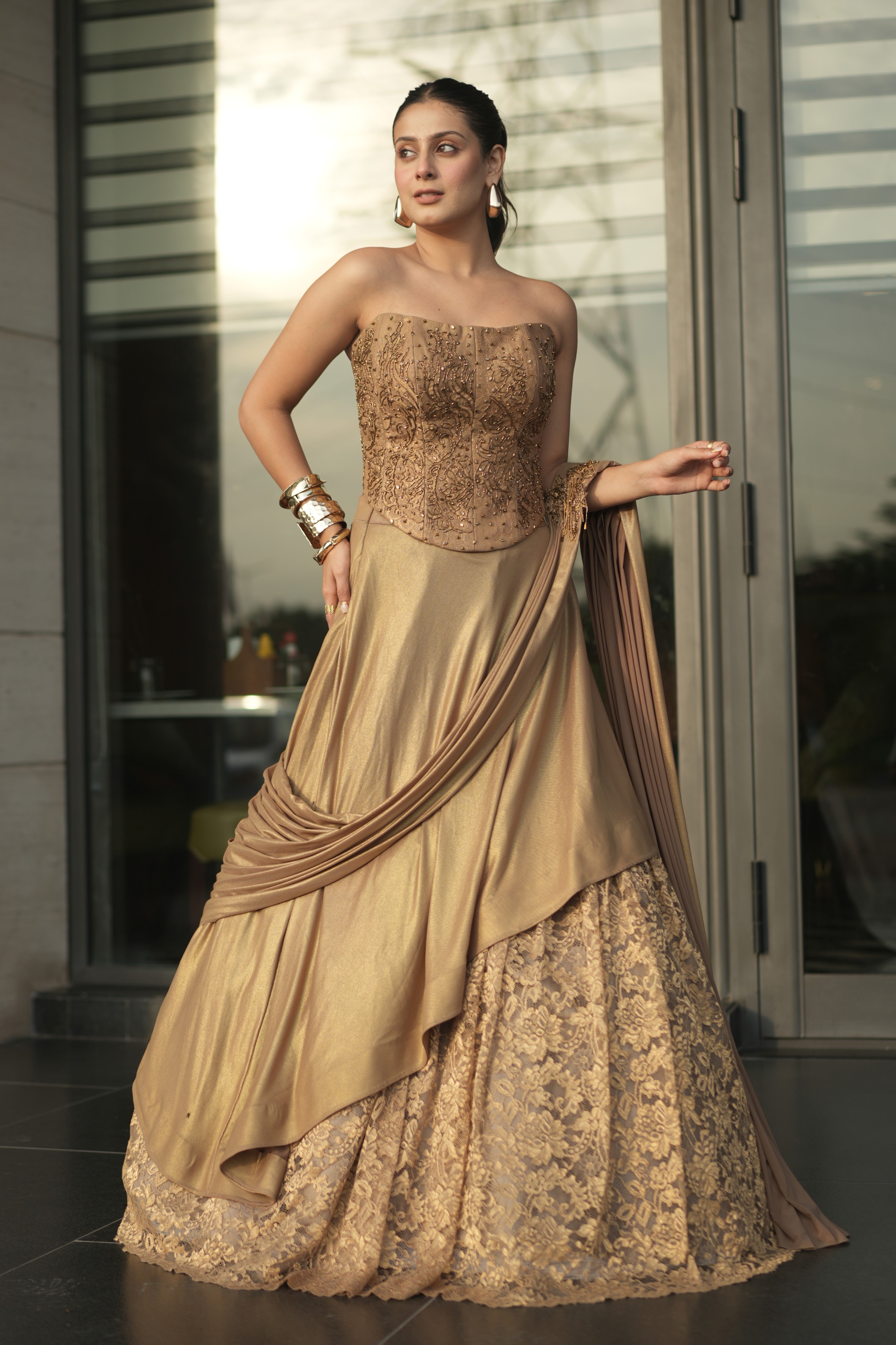 Golden Radiance Reimagined – Isha Malviya Stuns In Aliyana’s Sculpted Corset Drape Lehenga
