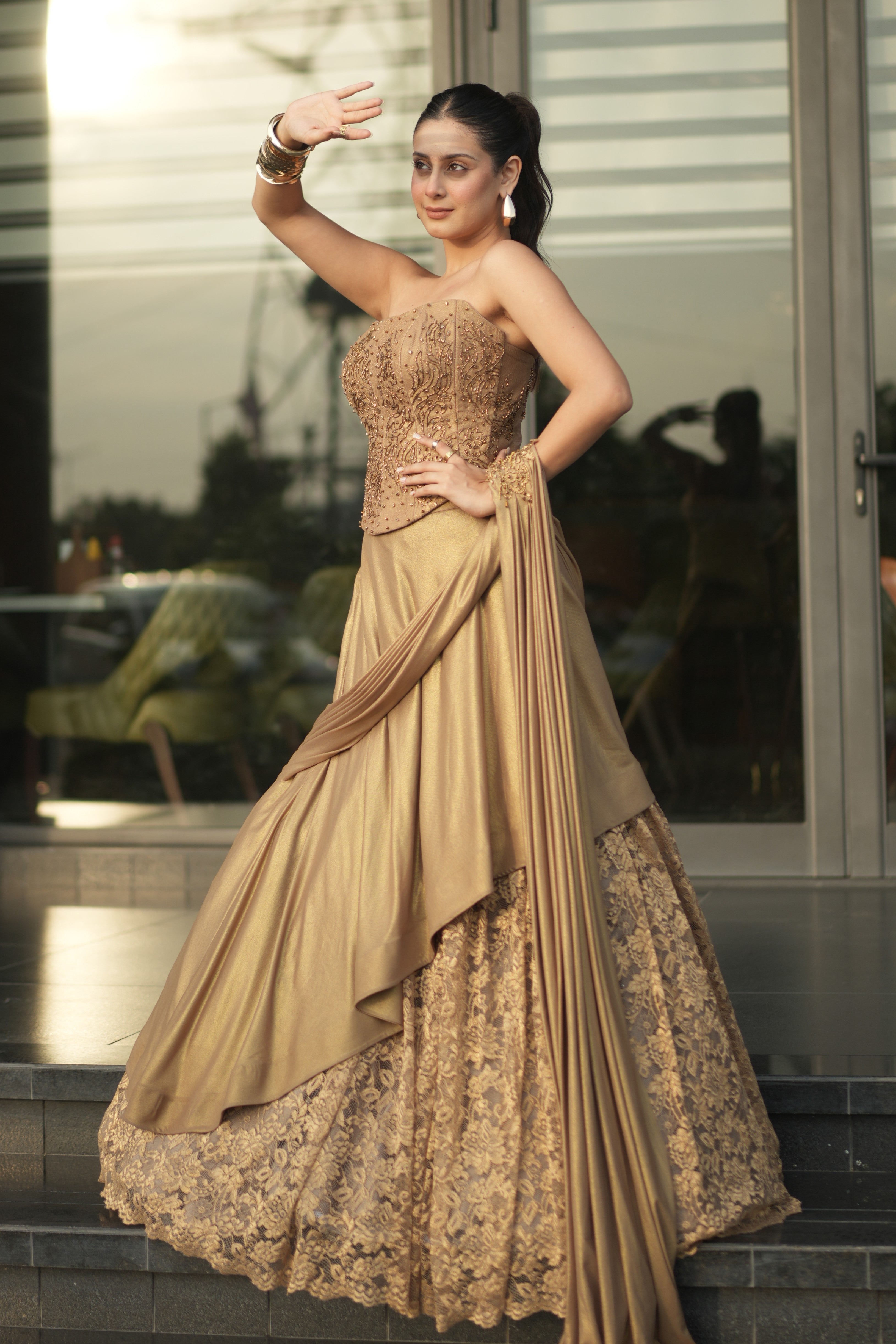 Golden Radiance Reimagined – Isha Malviya Stuns In Aliyana’s Sculpted Corset Drape Lehenga