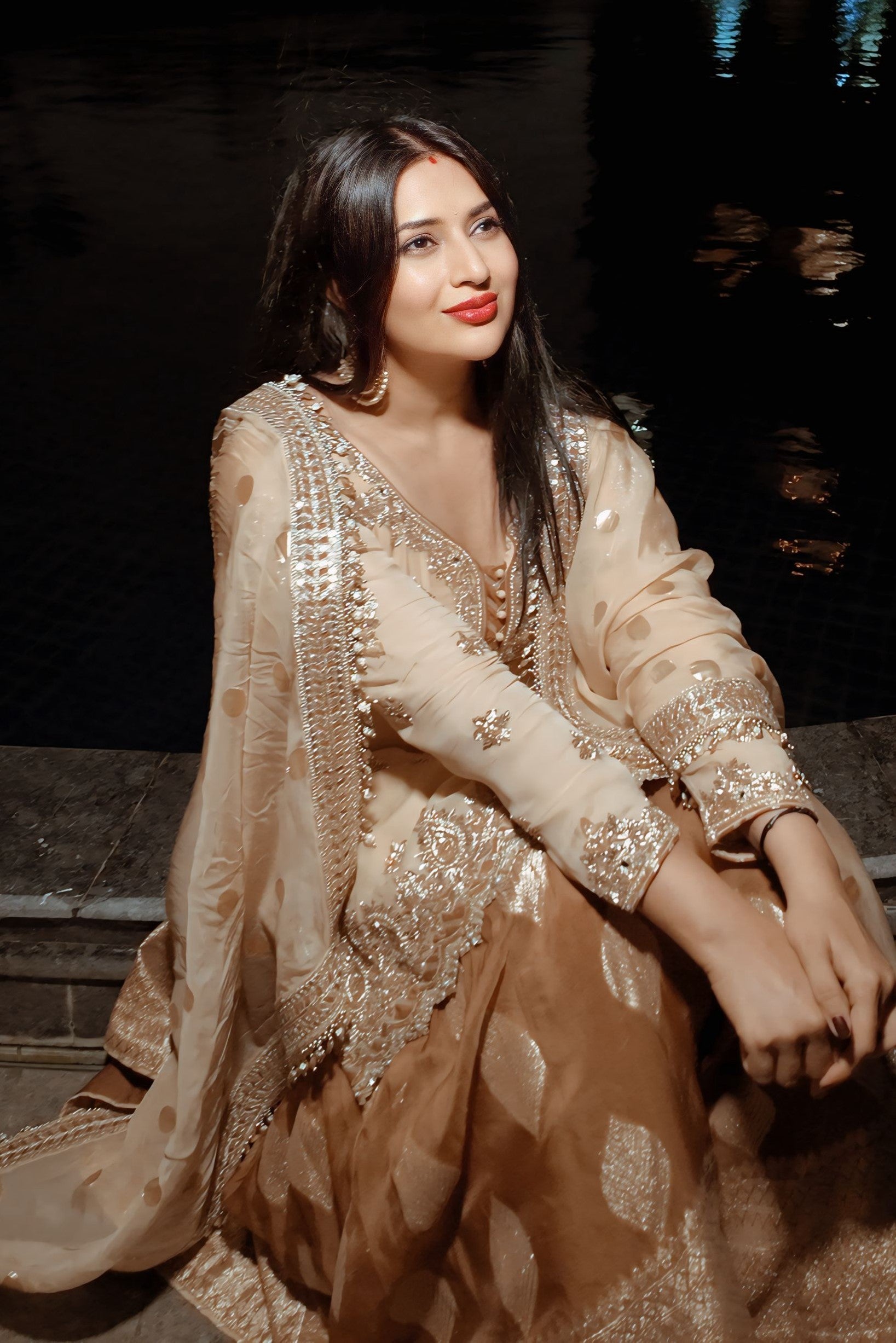 Beige & Brown Garara with Banarasi Dupatta - Divyanka Tripathi Dahiya's Choice