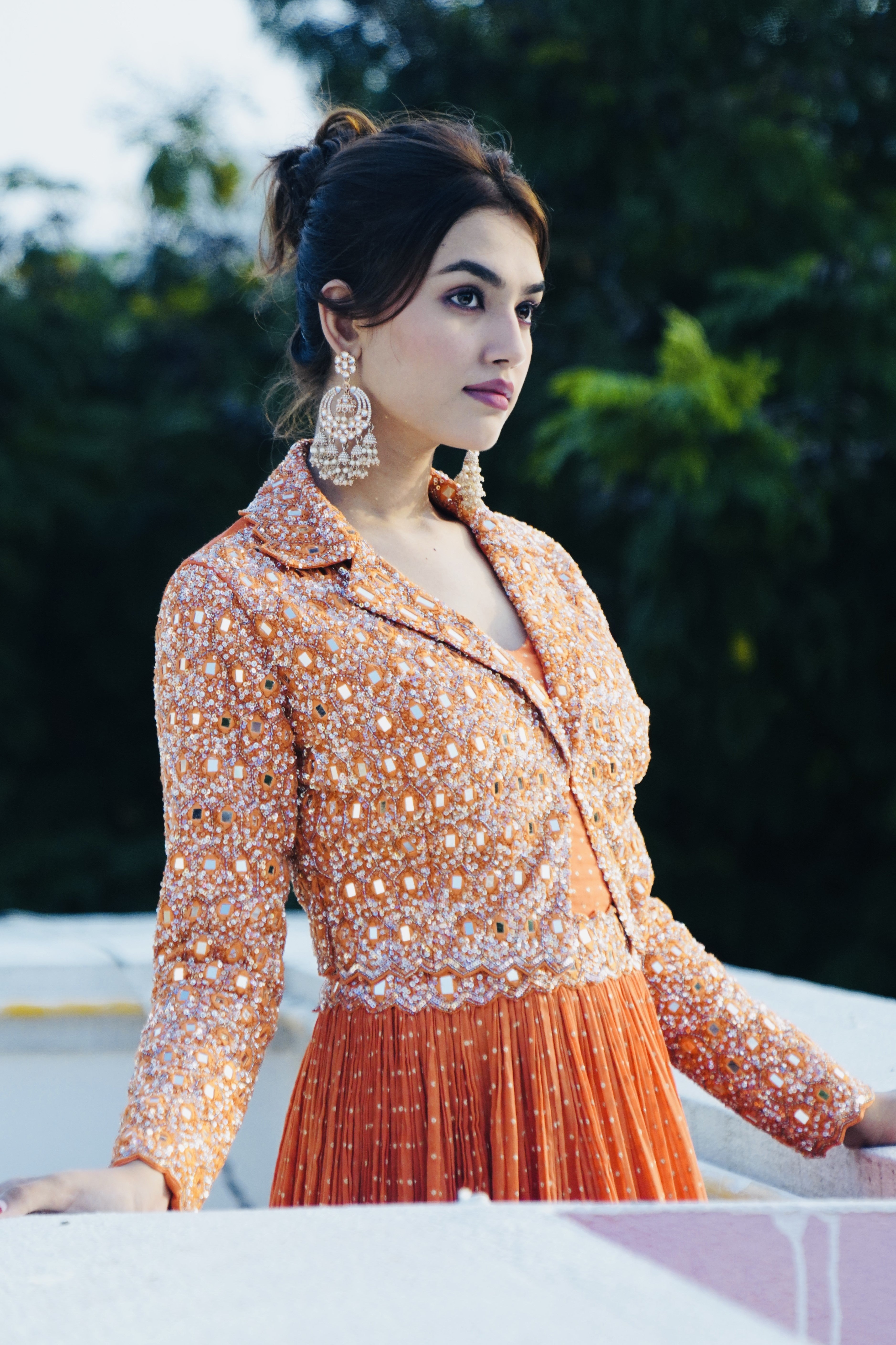 Designer Floor-Length Orange Gown With Shrug