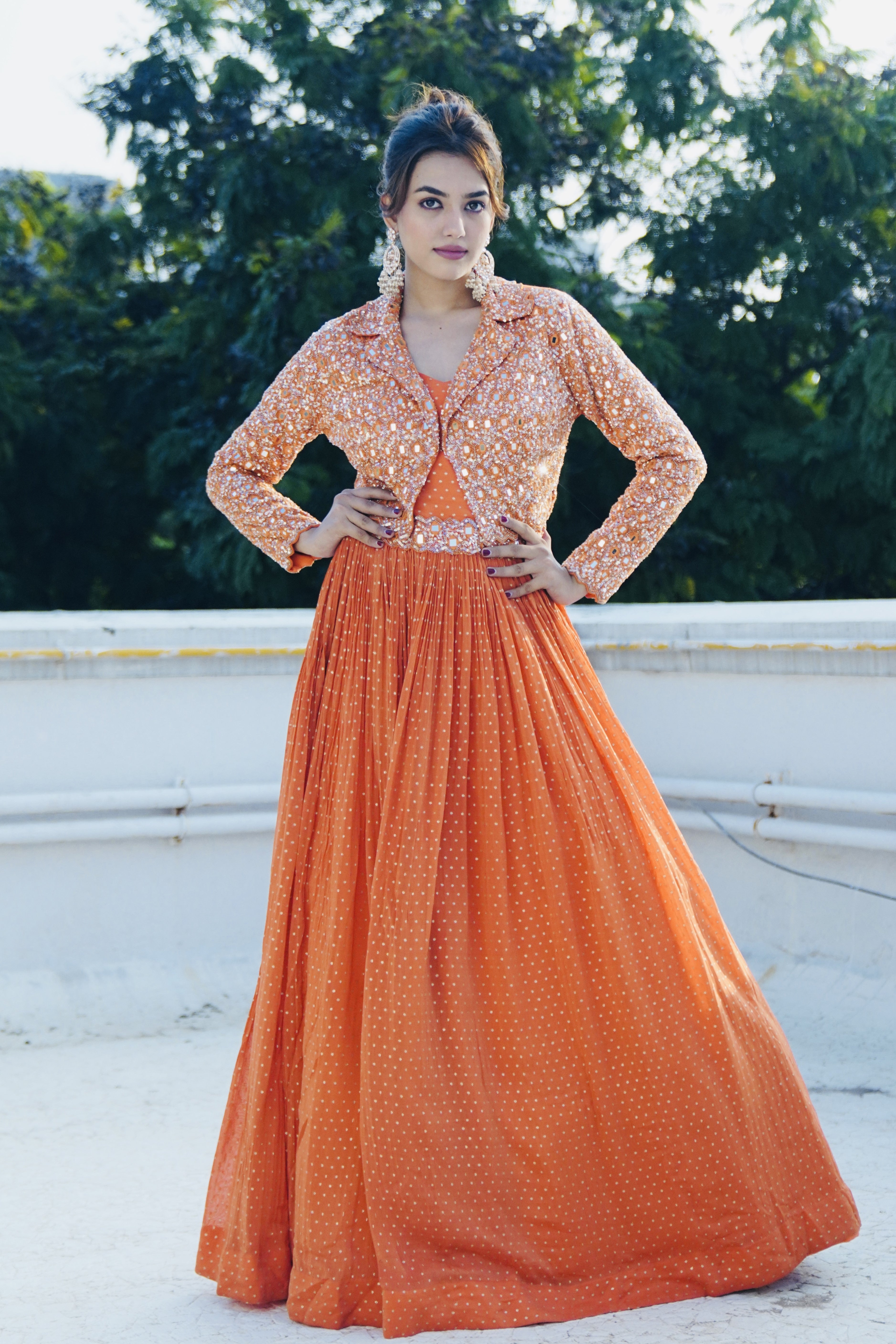 Designer Floor-Length Orange Gown With Shrug