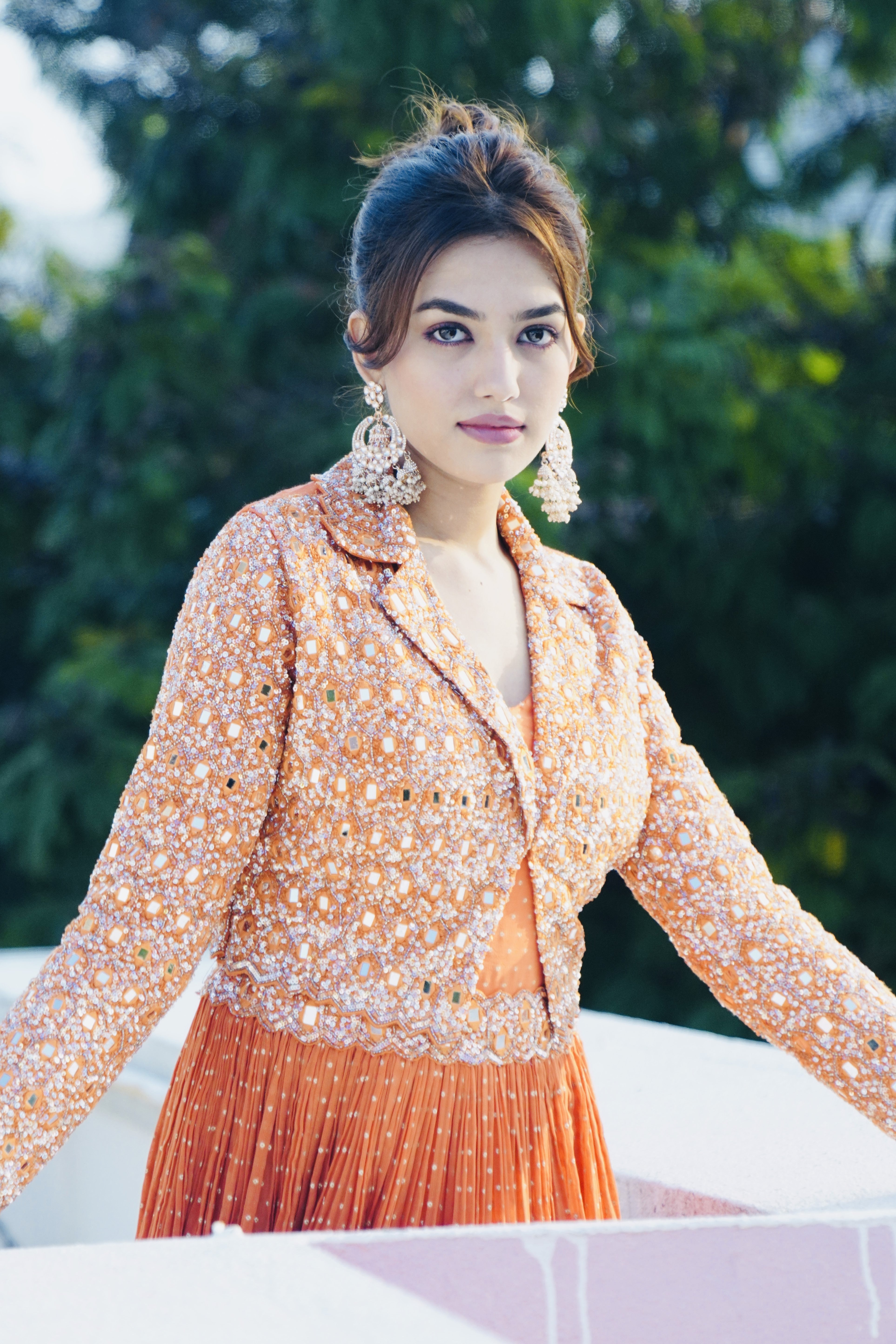 Designer Floor-Length Orange Gown With Shrug