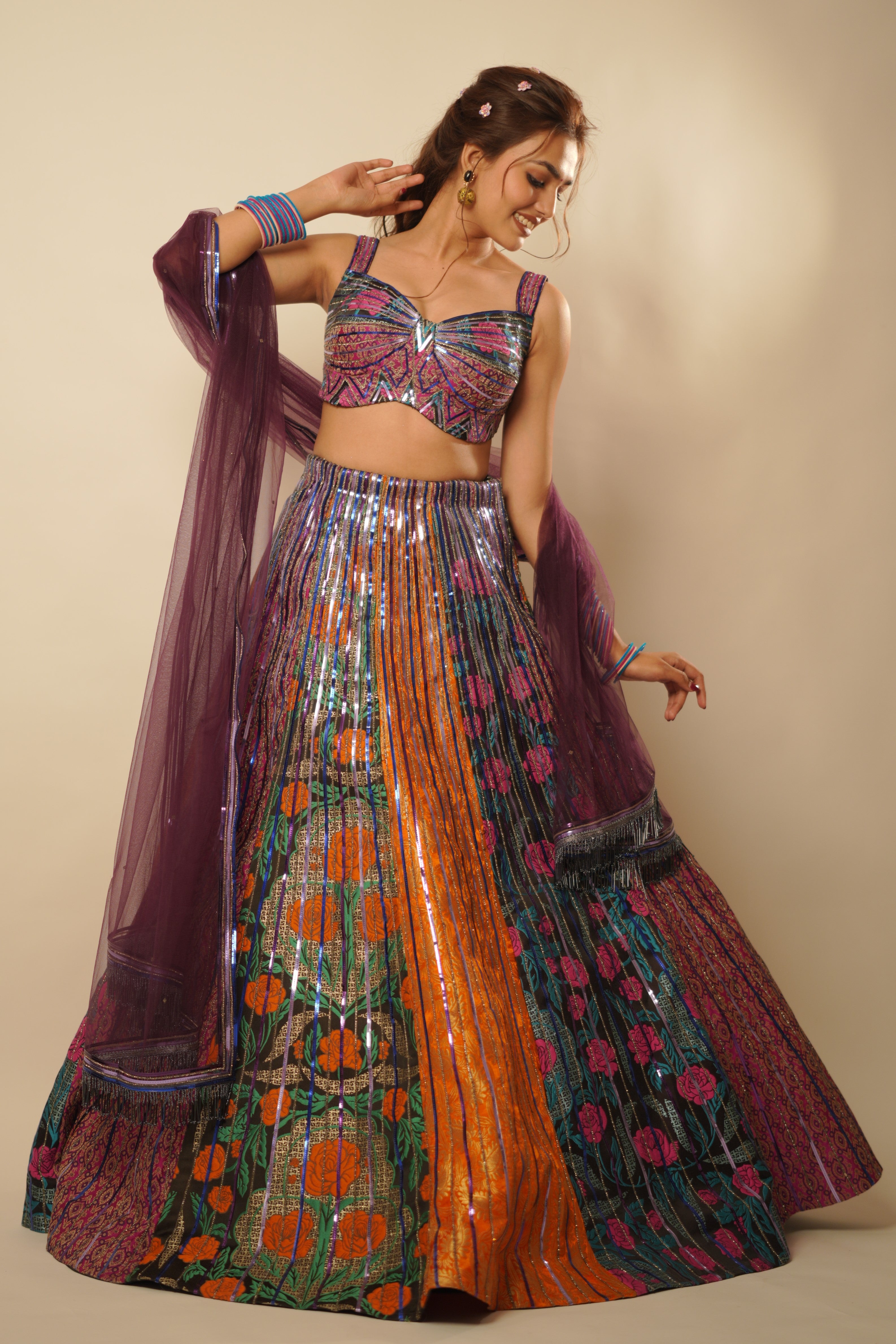 Multicolored Embroidered Lehenga Set with Dupatta