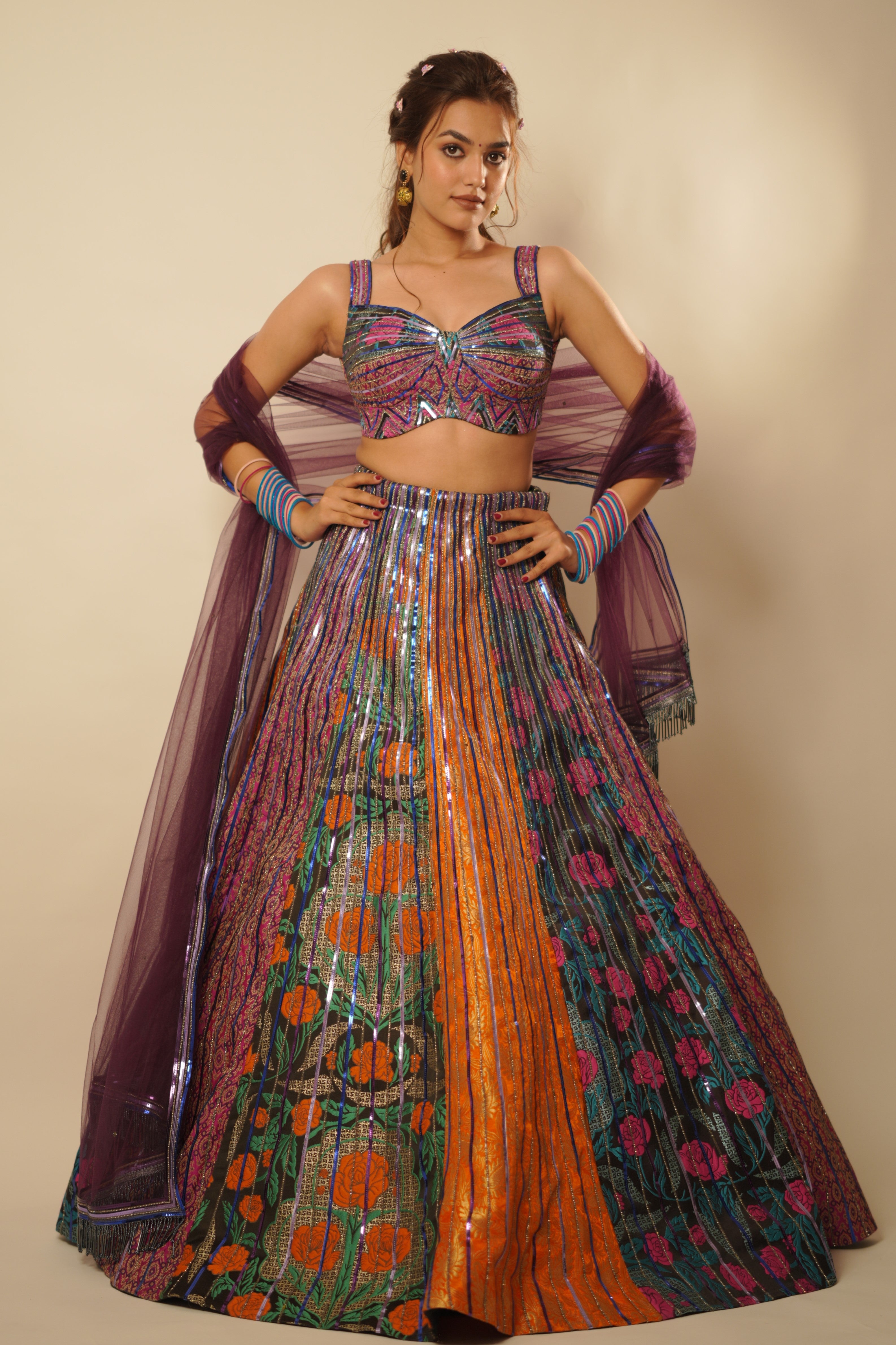 Multicolored Embroidered Lehenga Set with Dupatta