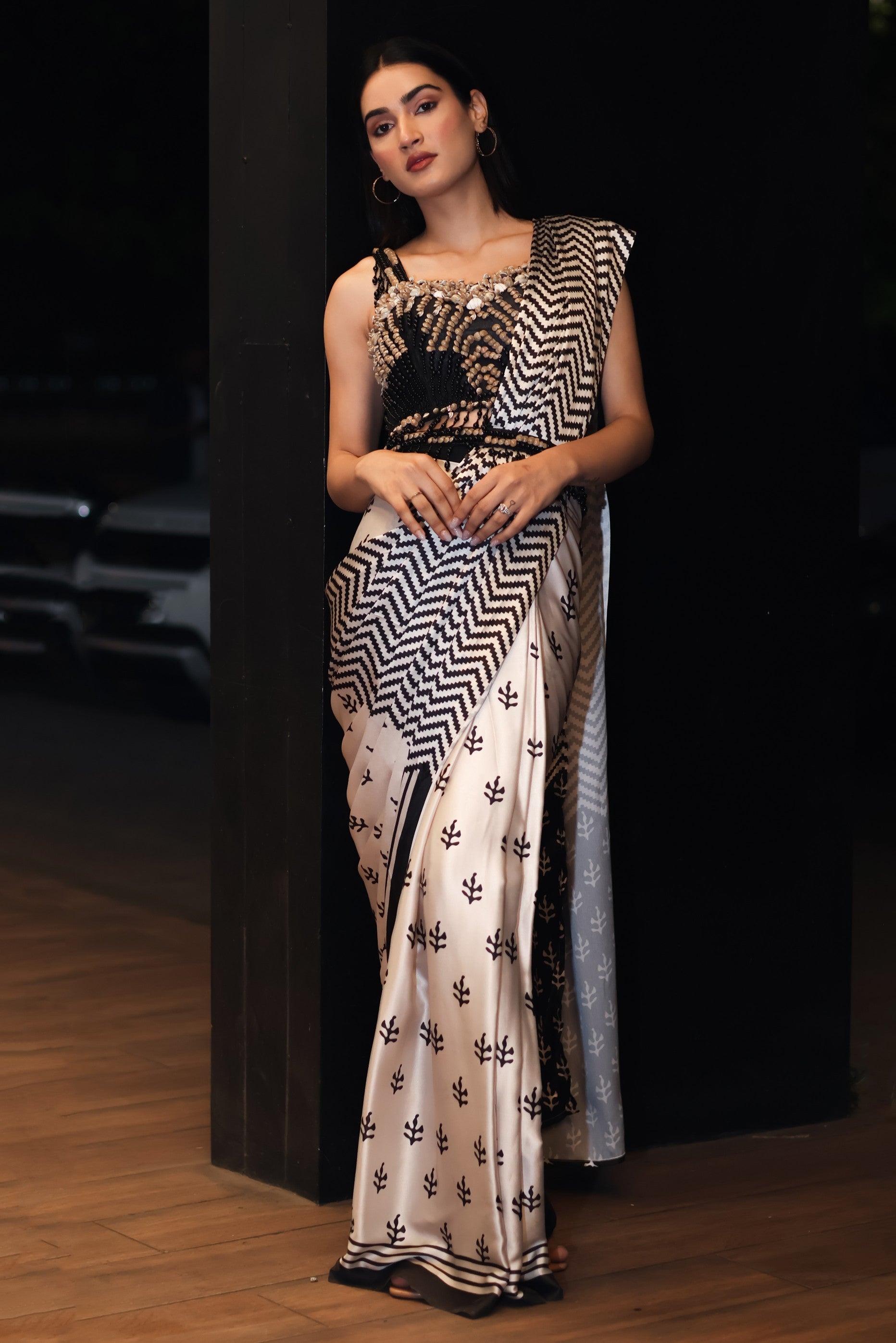 Ready to Wear White & Black Colored Printed Saree