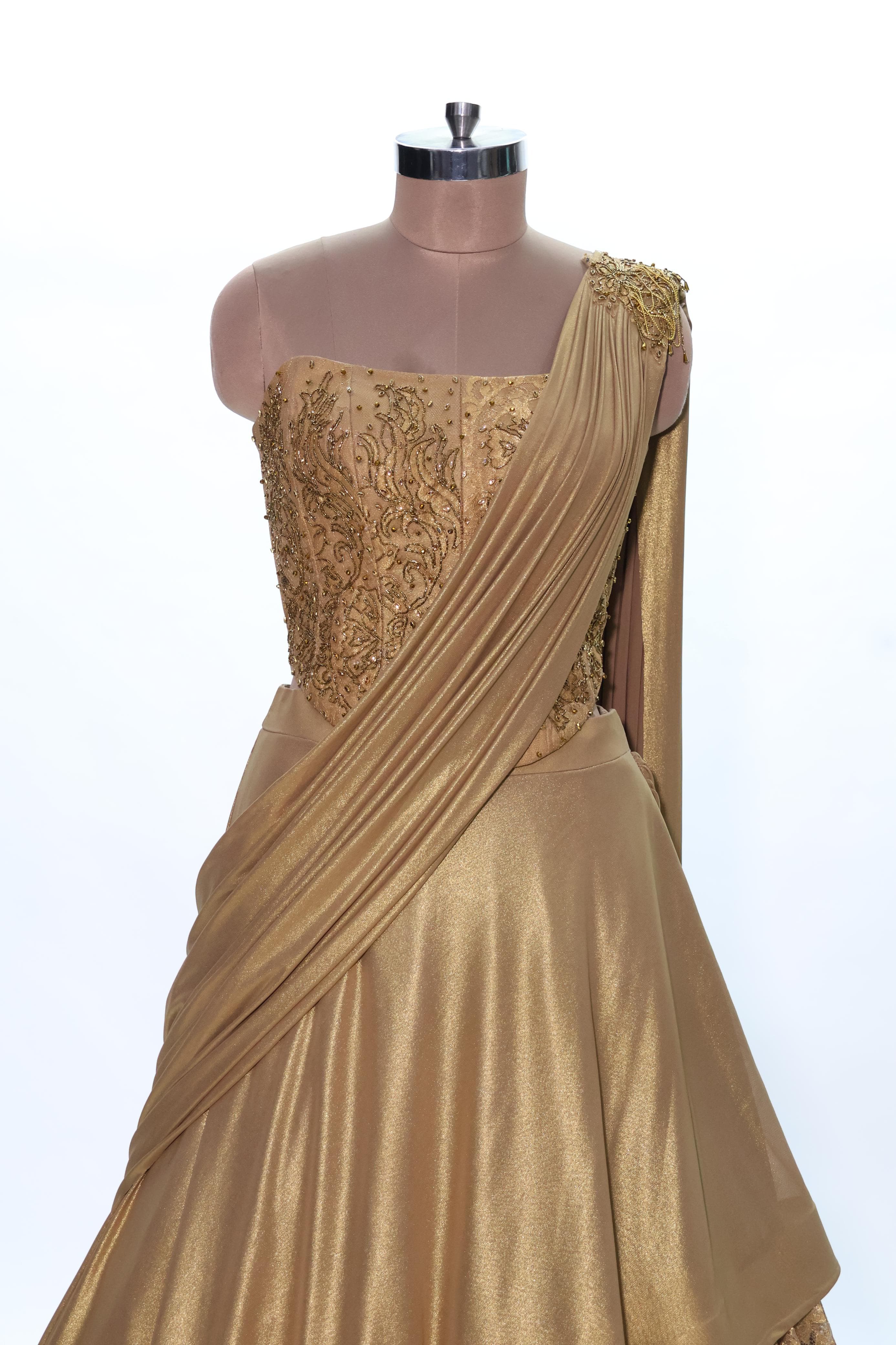Golden Radiance Reimagined – Isha Malviya Stuns In Aliyana’s Sculpted Corset Drape Lehenga