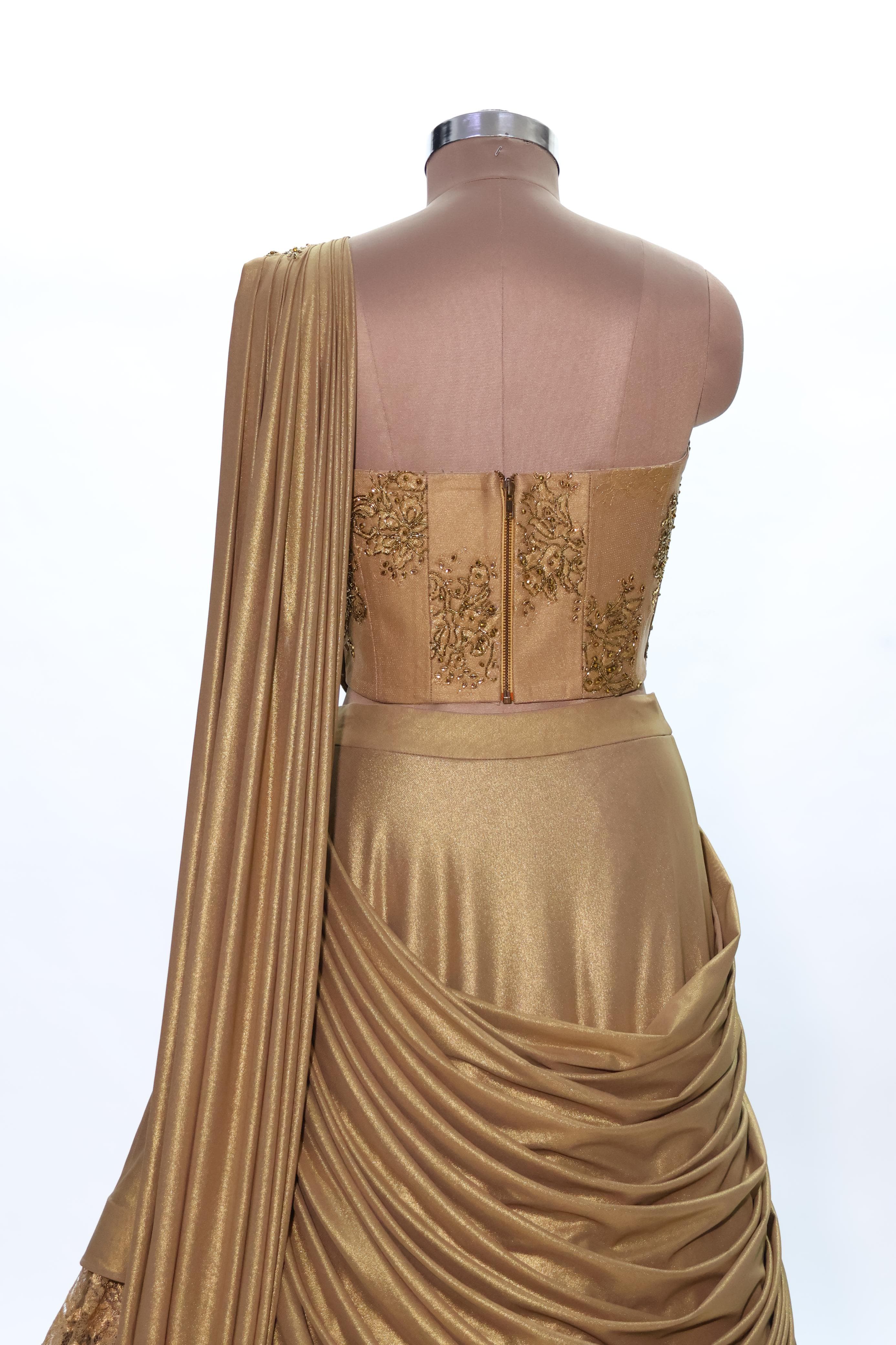 Golden Radiance Reimagined – Isha Malviya Stuns In Aliyana’s Sculpted Corset Drape Lehenga