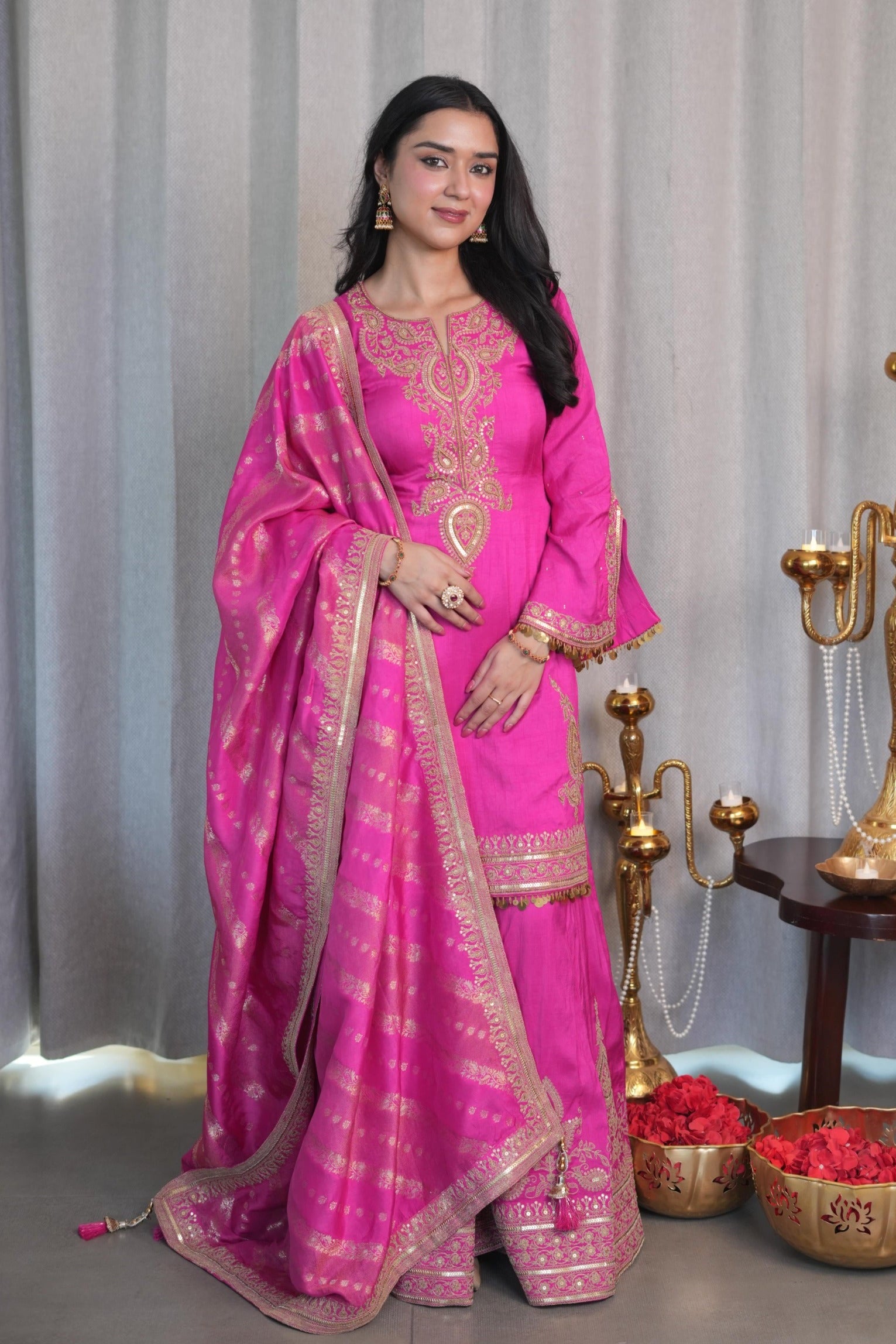 The Festive Bloom - Embroidered Rani Pink Sharara Suit by Aliyana