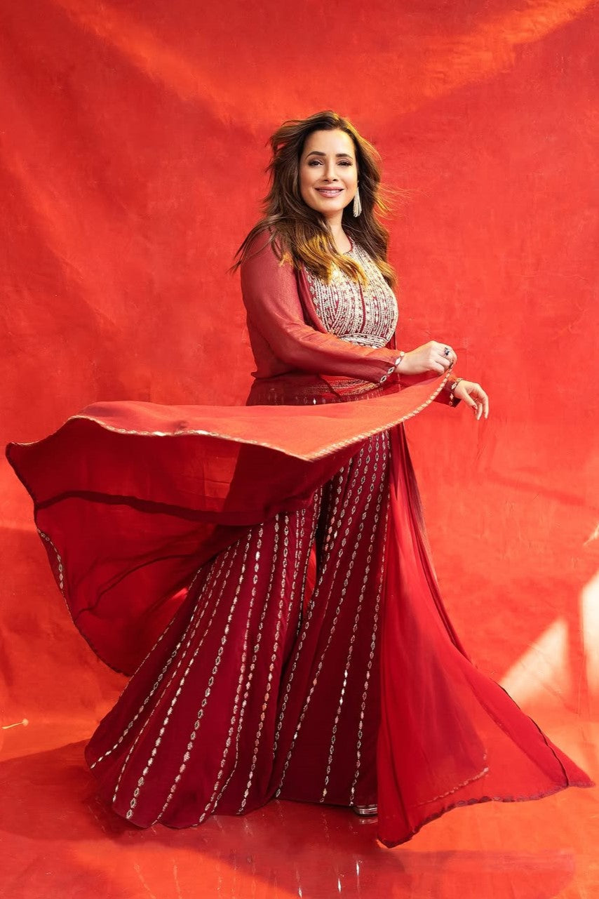 Designer Mirror Embellished Sharara with Cape Jacket - Neelam Kothari's Choice