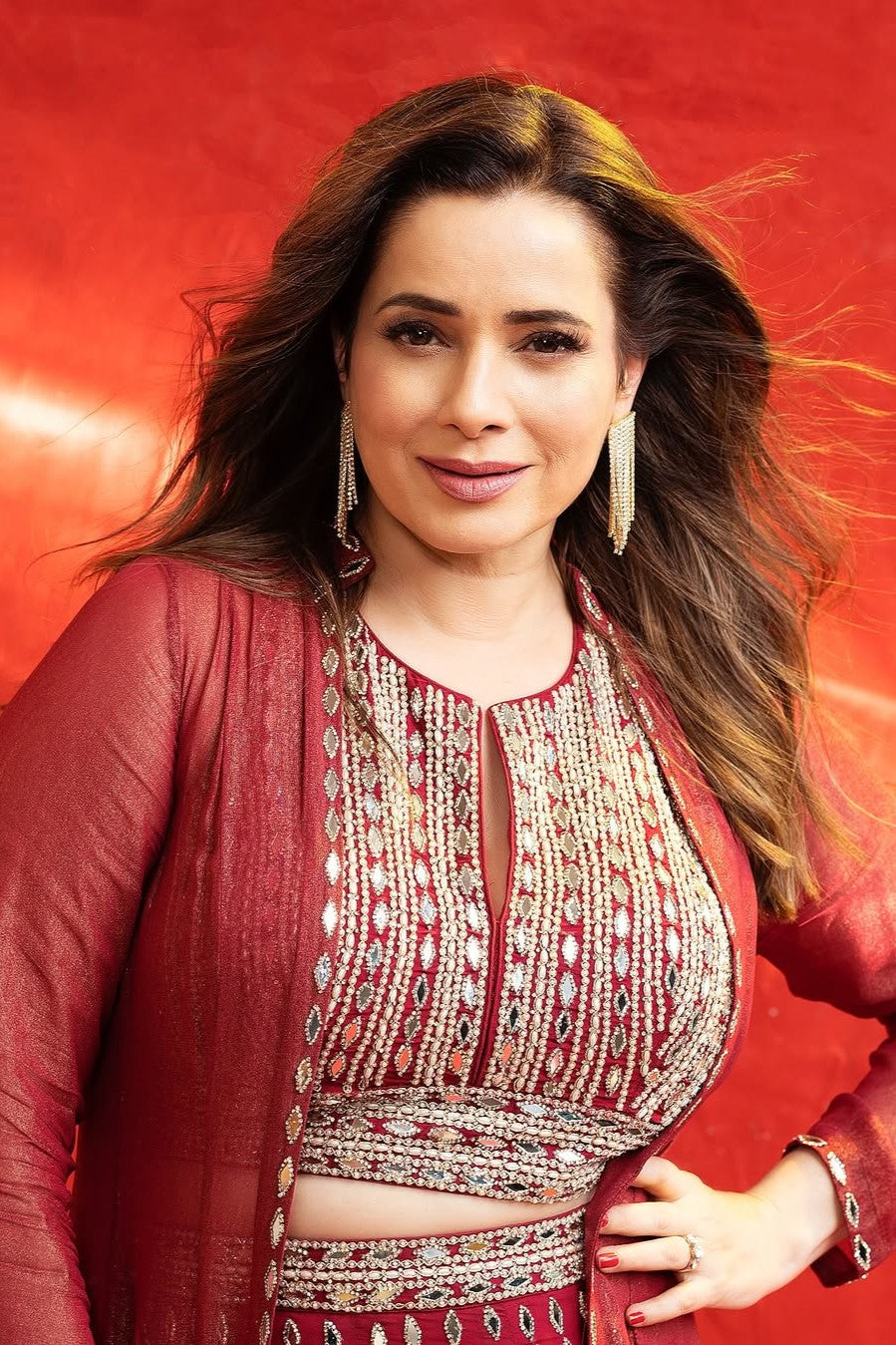 Designer Mirror Embellished Sharara with Cape Jacket - Neelam Kothari's Choice