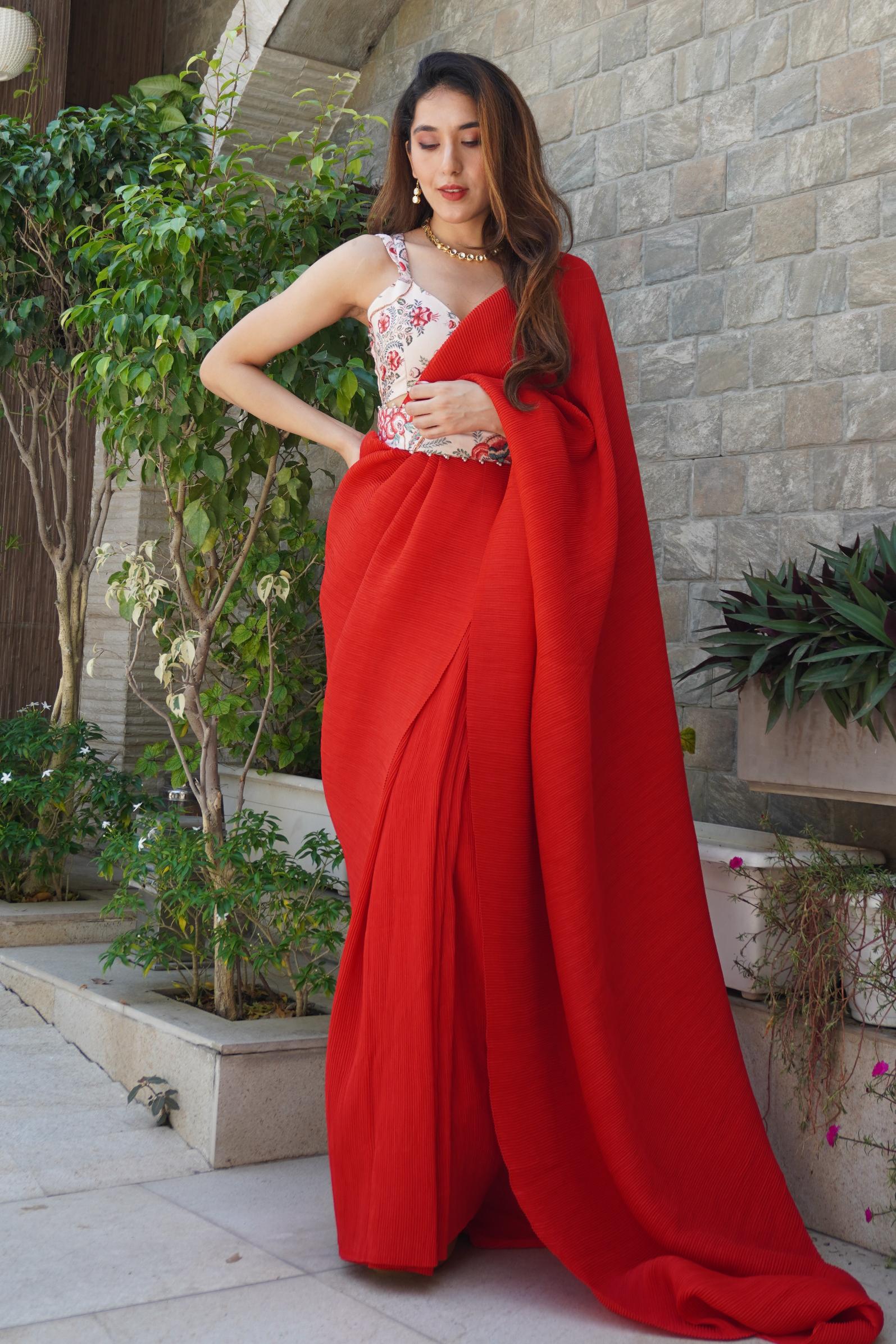 Glamorous Ruby Red Lycra Saree With Belt