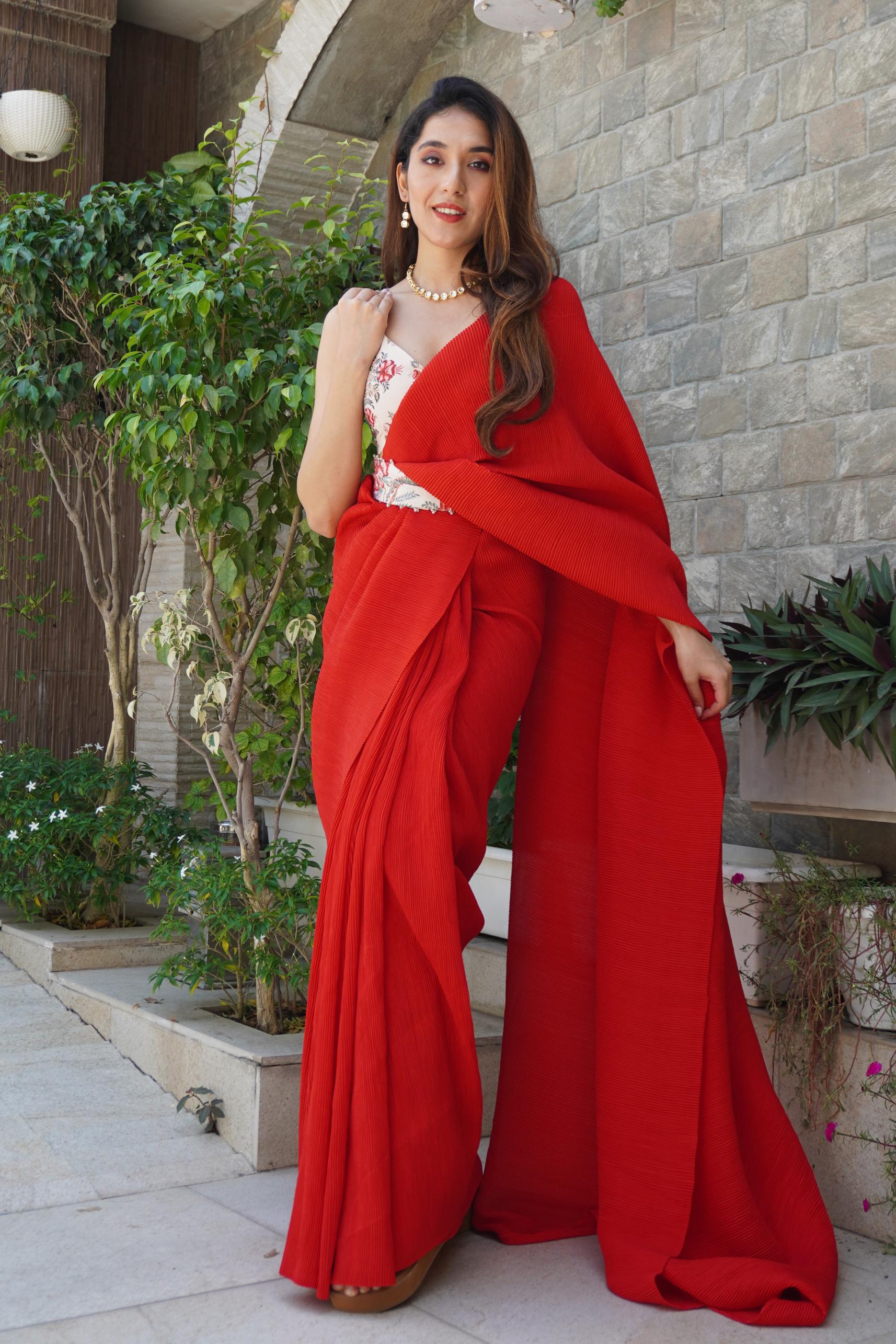 Glamorous Ruby Red Lycra Saree With Belt