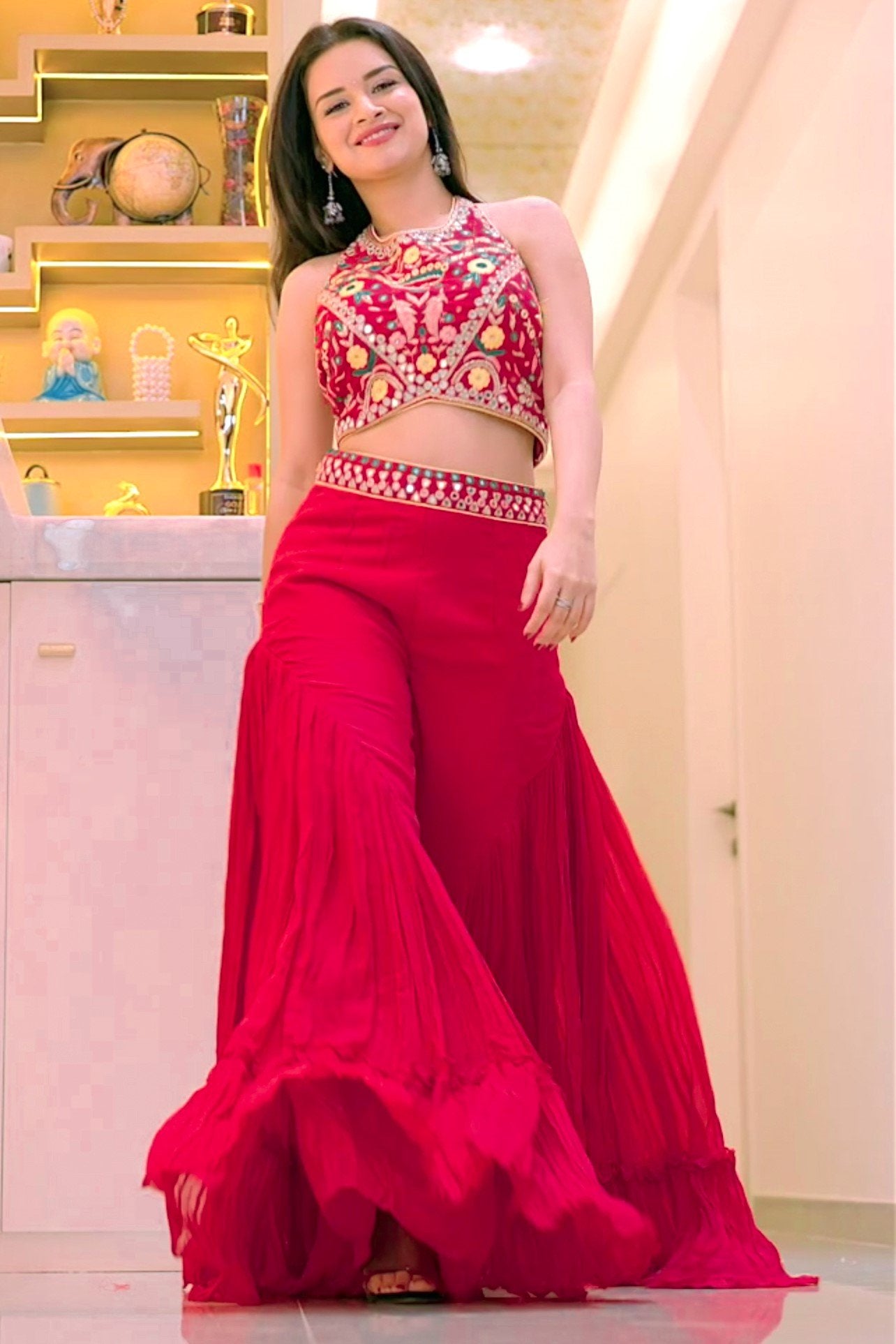 Pink georgette readymade suit with intricate mirror embroidery crop top,full-hand  bell sleeve long shrug & sharara pants