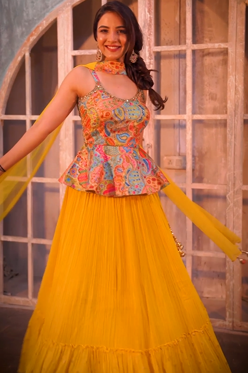 Buy Mellow Yellow Lehenga And Peplum Top In Angrakha Style With Floral  Print And Embroidery Online - Kalki Fashion