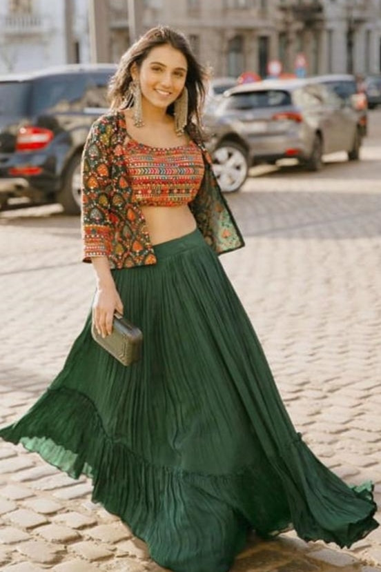 Pista Green And White Indo Western Lehenga Choli Lengha Skirt Top Woman  Saree | eBay